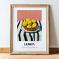 Lemon – on Striped Tablecloth, Fruit Painting, in wooden frame leaning on the floor