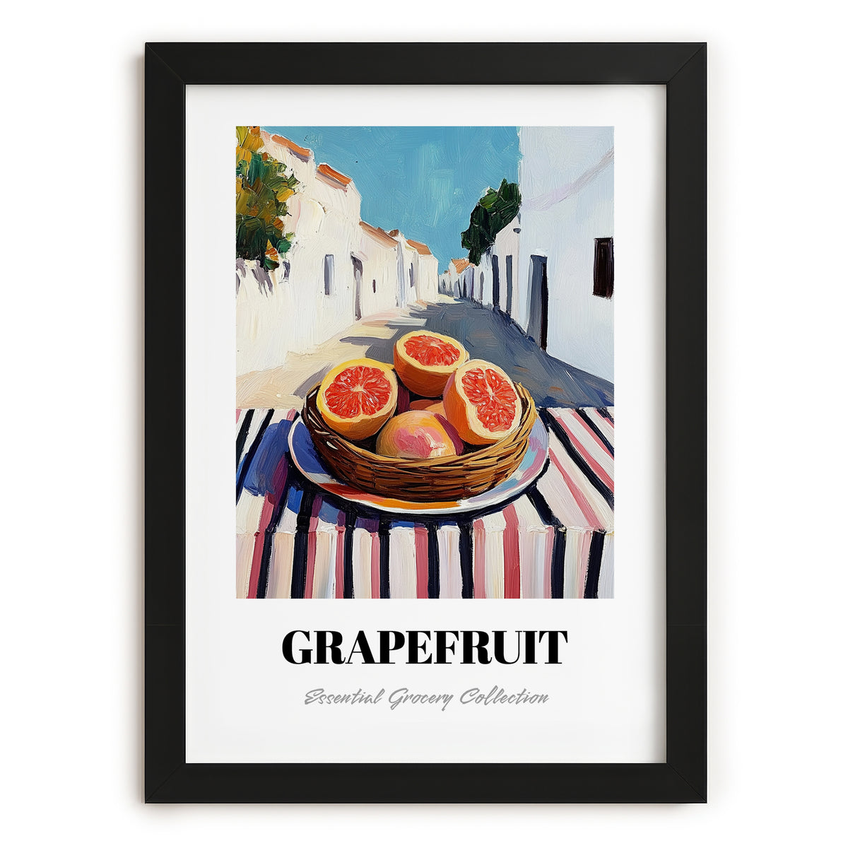 Grapefruit – White village Urban Café Scene, Fruit Wall Art, in sleek black frame