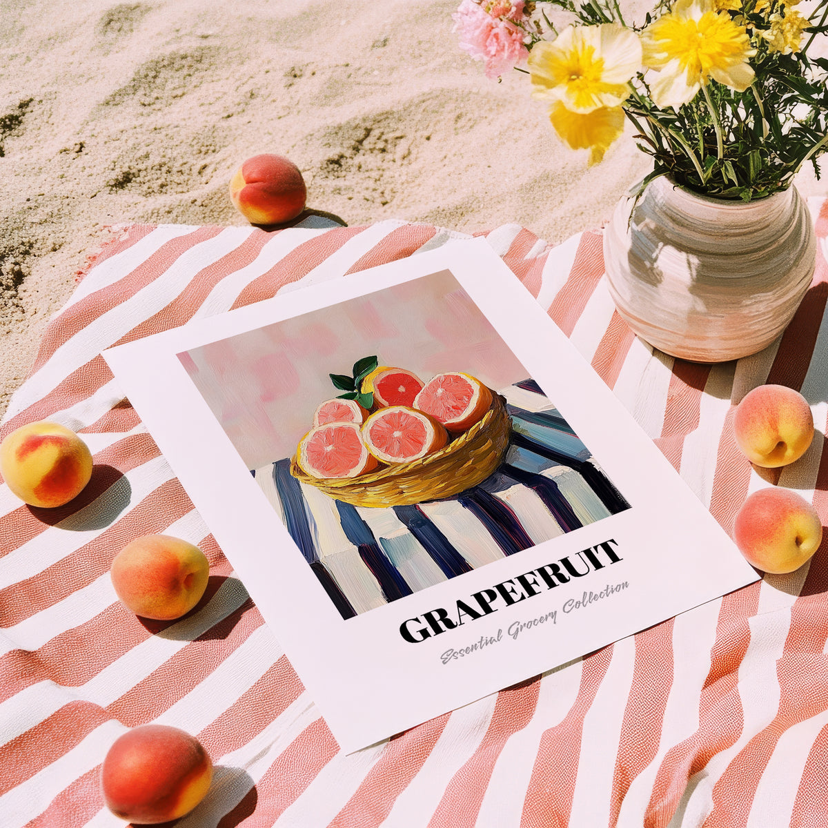 Grapefruit – on Striped Tablecloth, Fruit Still Life, unframed on coastal sand