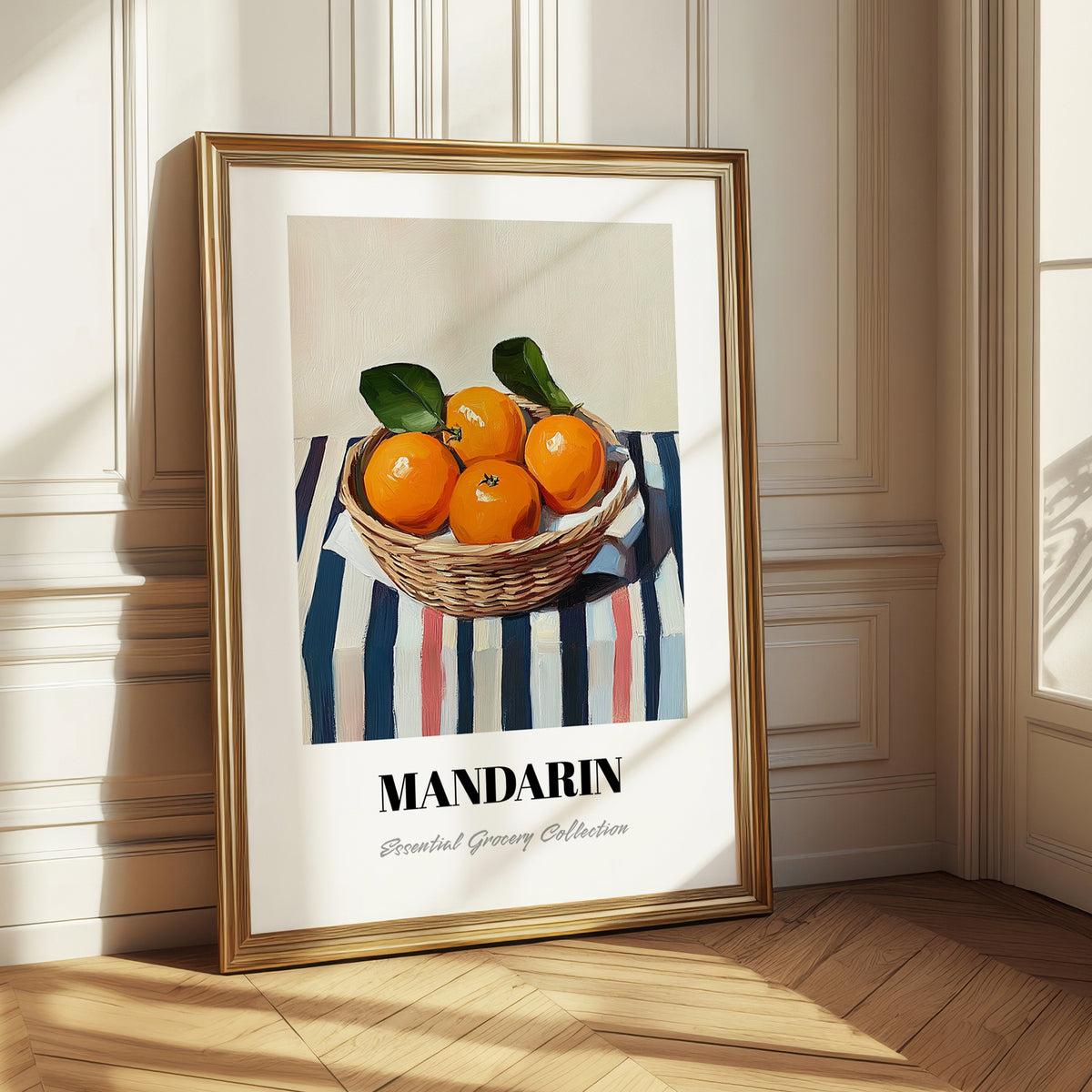 Mandarin – on Striped Tablecloth, Fruit Still Life