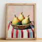 Pear – on Striped Tablecloth, Fruit Wall Decor, no-text version framed in wood
