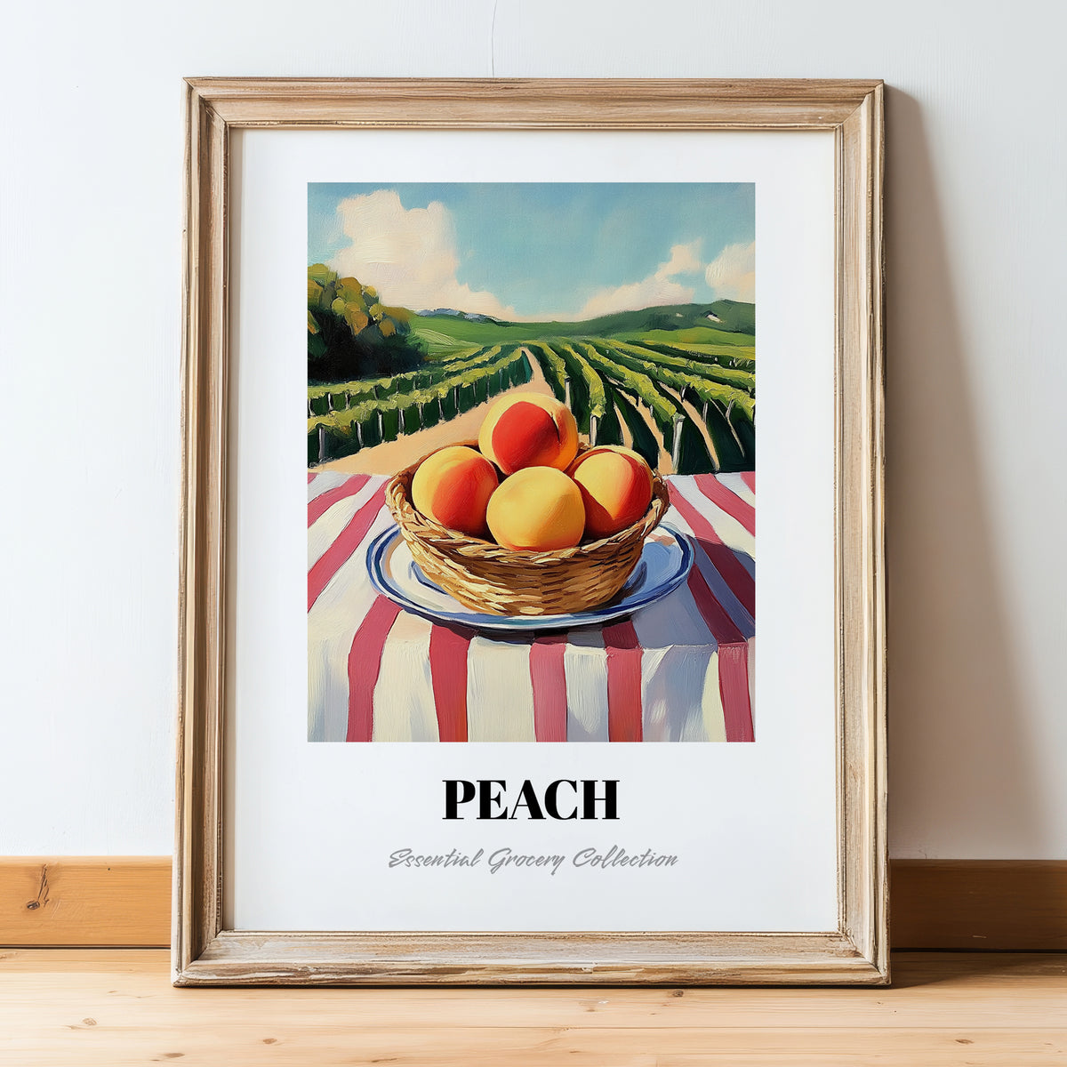 Peach – Valley Café Scene, Fruit Wall Decor, in wooden frame leaning on the floor