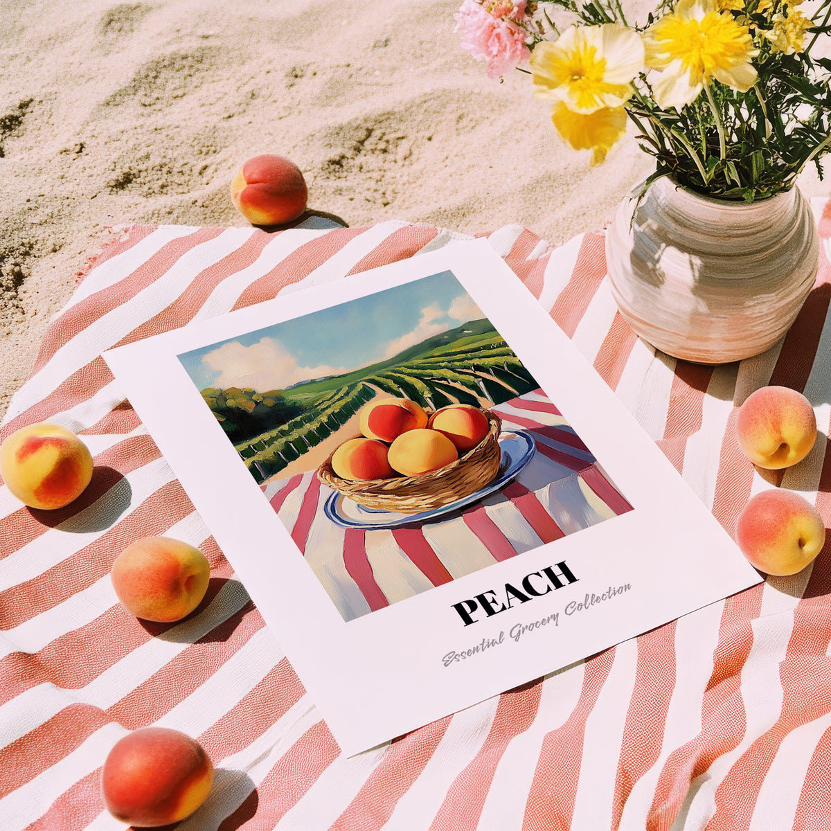 Peach – Valley Café Scene, Fruit Wall Decor, unframed on coastal sand