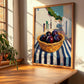 Plum – White village Urban Café Scene, Fruit Wall Illustration, clean layout with no caption