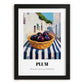 Plum – White village Urban Café Scene, Fruit Wall Illustration, in sleek black frame