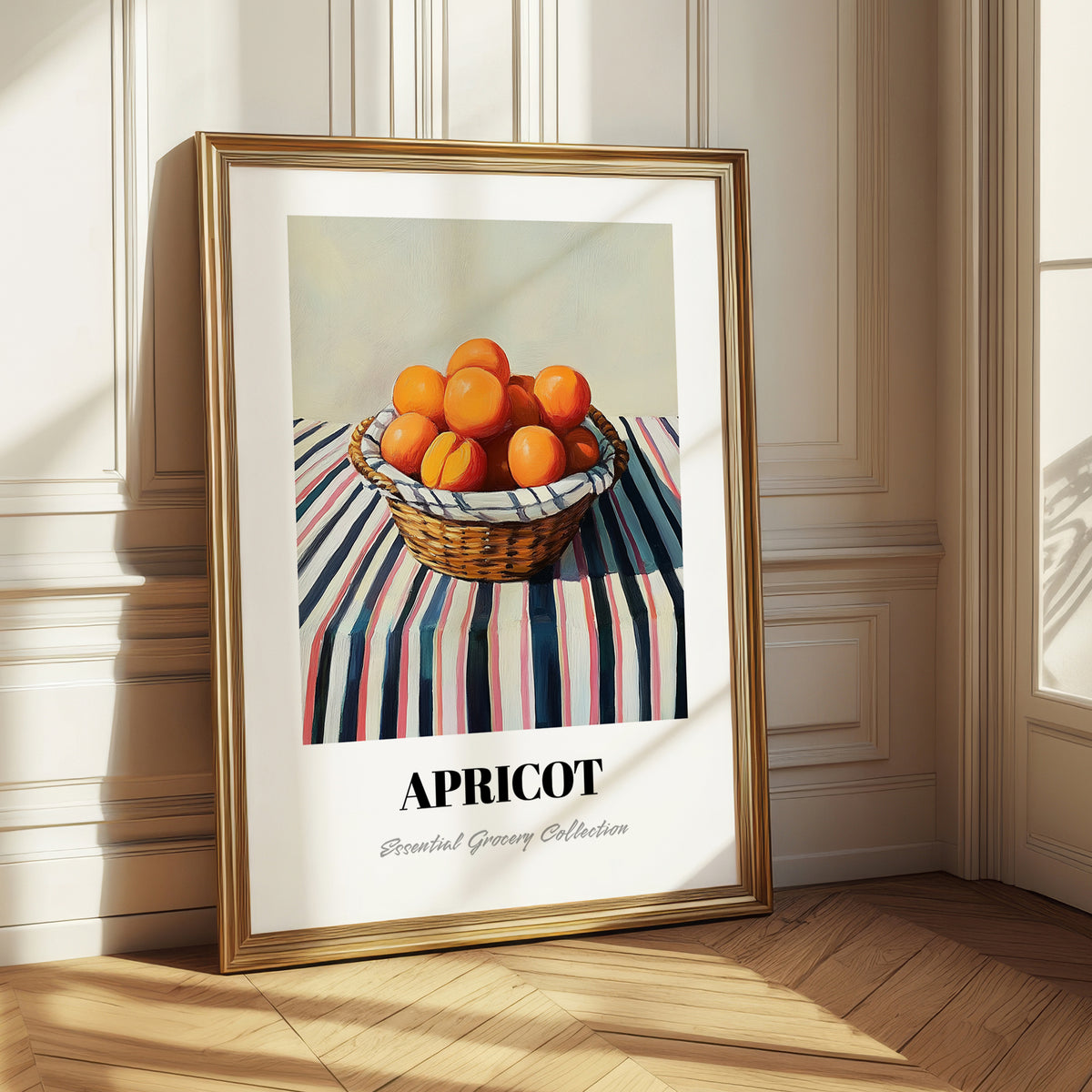 Apricot – on Striped Tablecloth, Fruit Illustration