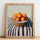 Apricot – on Striped Tablecloth, Fruit Illustration, no-text version framed in wood