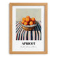 Apricot – on Striped Tablecloth, Fruit Illustration, set in oak frame