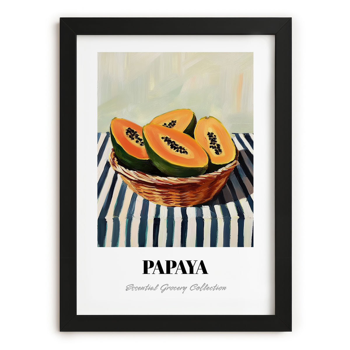 Papaya – on Striped Tablecloth, Fruit Still Life, in sleek black frame