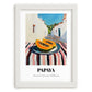 Papaya – White village Street Café Scene, Fruit Poster, placed in minimal white frame