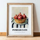 Pomegranate – on Striped Tablecloth, Fruit Illustration, in wooden frame leaning on the floor