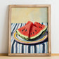 Watermelon – on Striped Tablecloth, Fruit Wall Decor, no-text version framed in wood