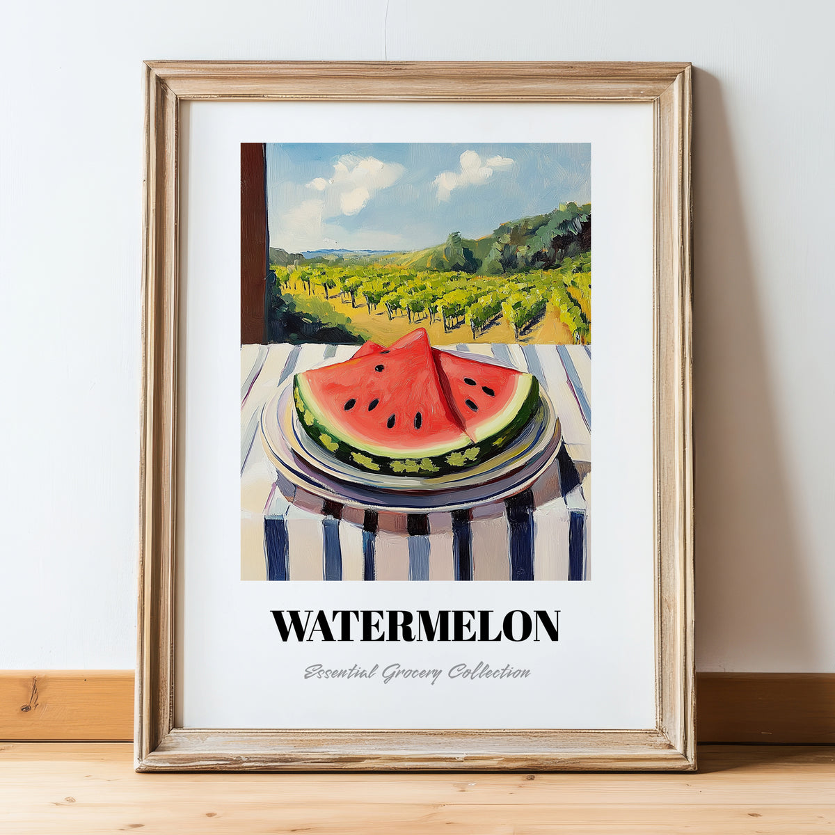 Watermelon – Green Valley Landscape, Fruit Still Life, in wooden frame leaning on the floor