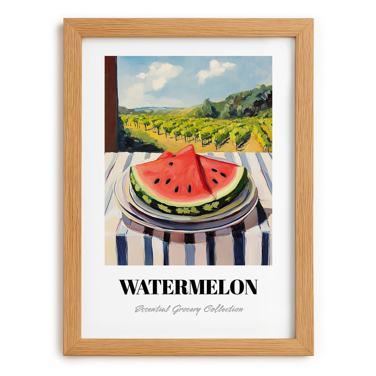 Watermelon – Green Valley Landscape, Fruit Still Life, set in oak frame