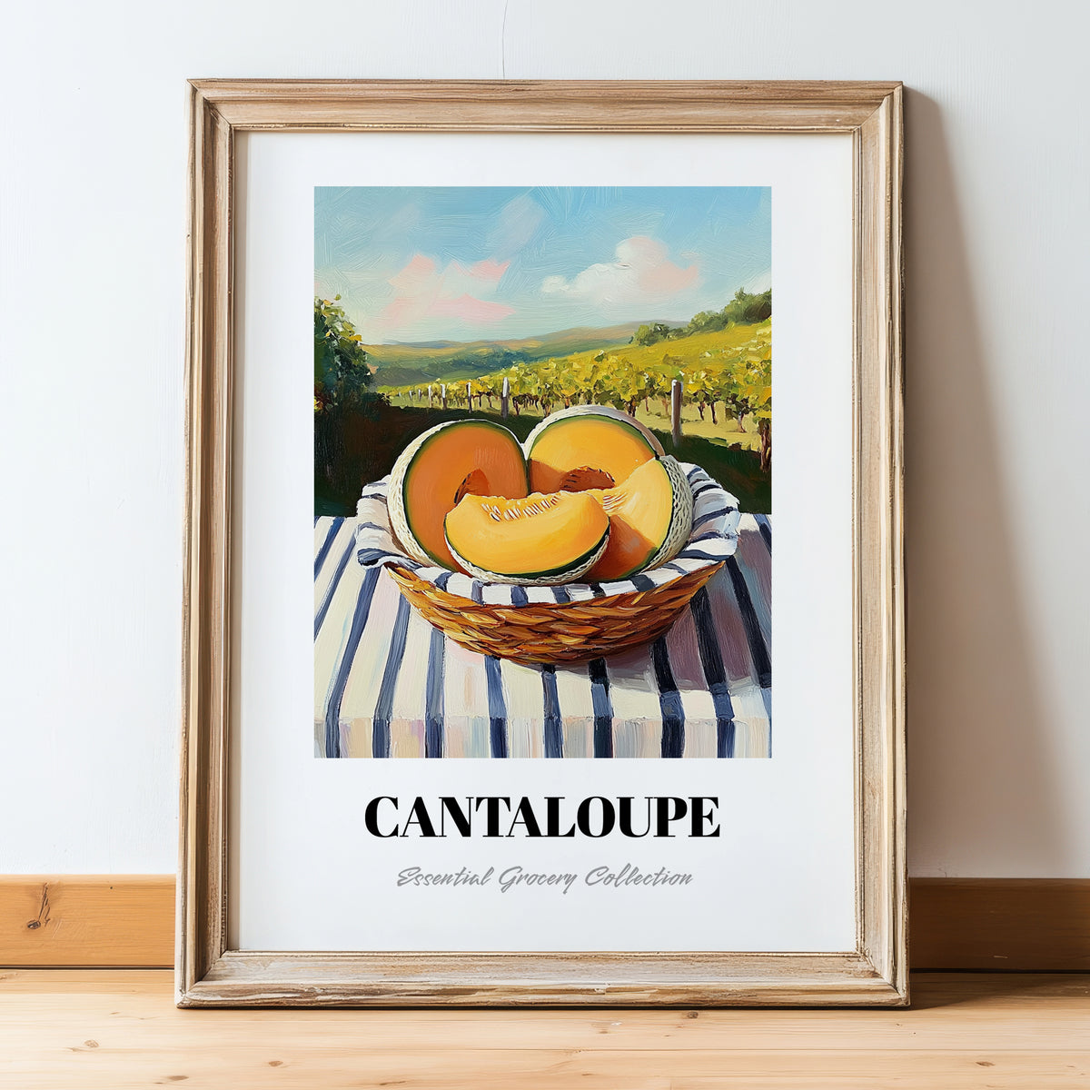 Cantaloupe – Valley Café Scene, Fruit Print, in wooden frame leaning on the floor