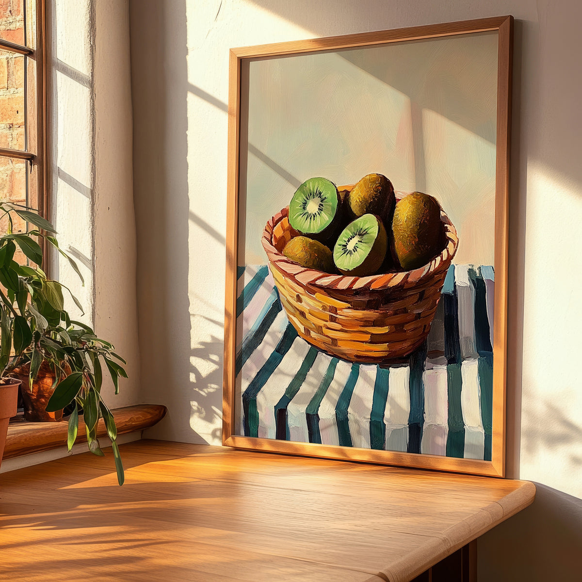 Kiwi – on Striped Tablecloth, Fruit Illustration, clean layout with no caption