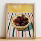 Date – on Striped Tablecloth, Fruit Print, no-text version framed in wood
