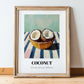 Coconut – on Striped Tablecloth, Fruit Poster, in wooden frame leaning on the floor