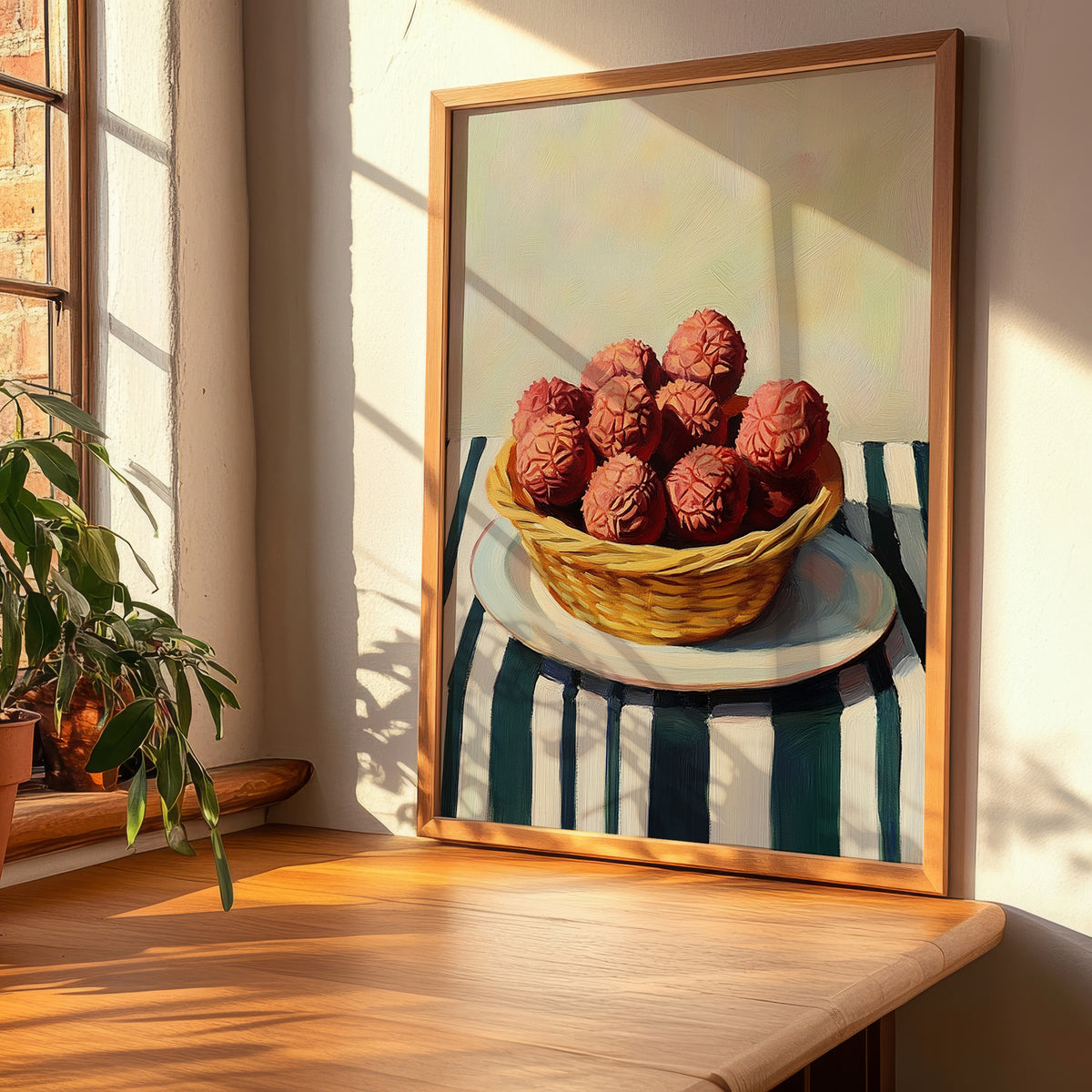 Lychee – on Striped Tablecloth, Fruit Still Life, clean layout with no caption