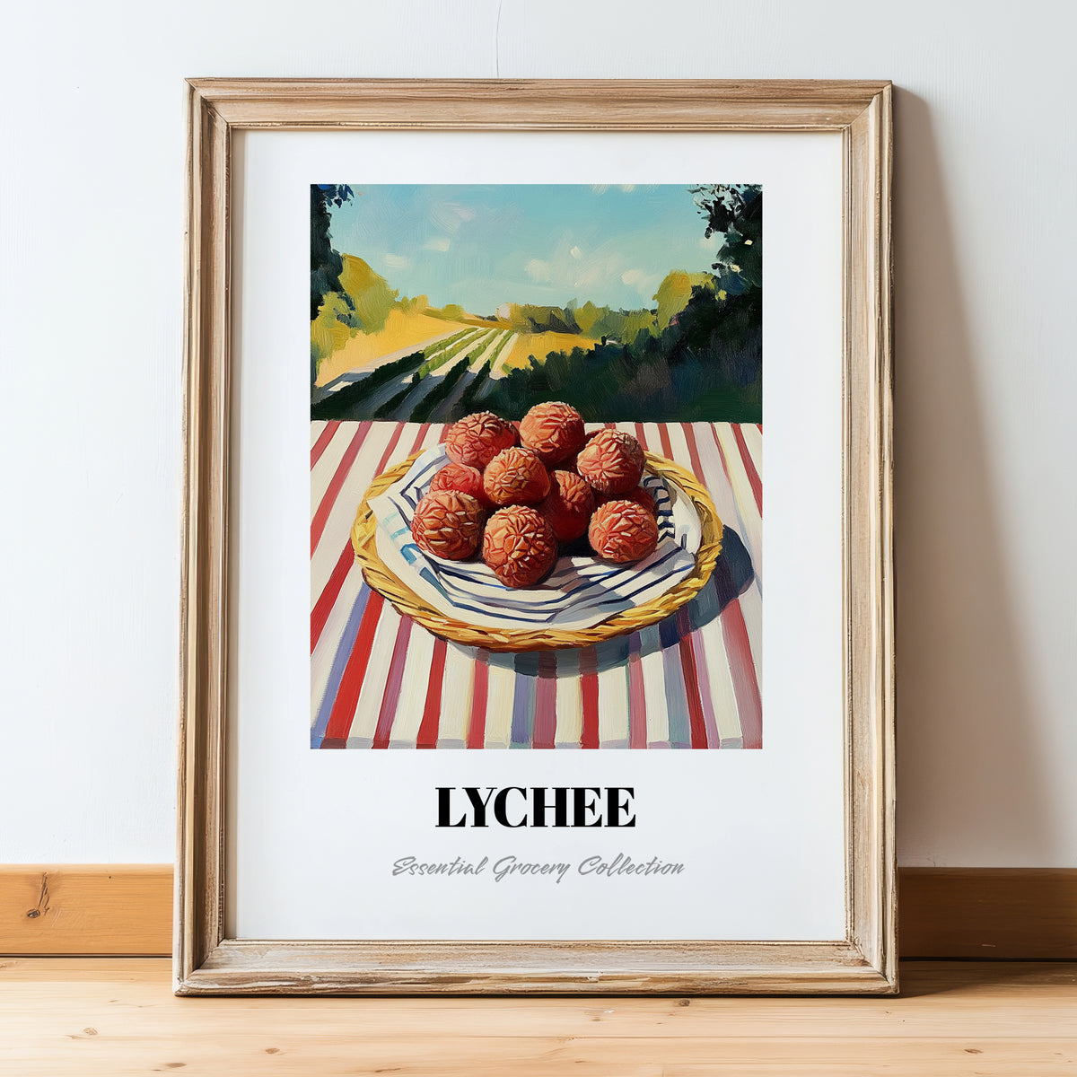 Lychee – Green Valley Landscape, Fruit Still Life, in wooden frame leaning on the floor