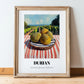 Durian – Valley Café Scene, Fruit Painting, in wooden frame leaning on the floor