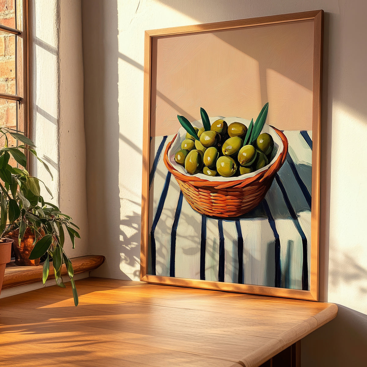 Olive – on Striped Tablecloth, Vegetable Wall Decor, clean layout with no caption