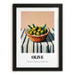Olive – on Striped Tablecloth, Vegetable Wall Decor, in sleek black frame