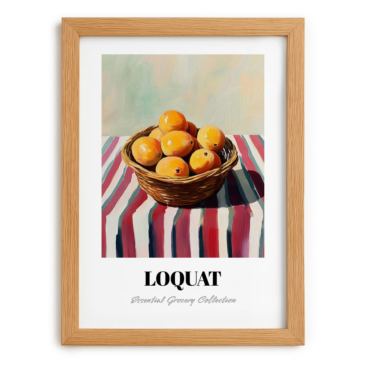 Loquat – on Striped Tablecloth, Vegetable Still Life, set in oak frame