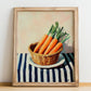 Carrot – on Striped Tablecloth, Vegetable Wall Decor, no-text version framed in wood