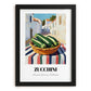 Zucchini – White village Urban Café Scene, Vegetable Wall Painting, in sleek black frame