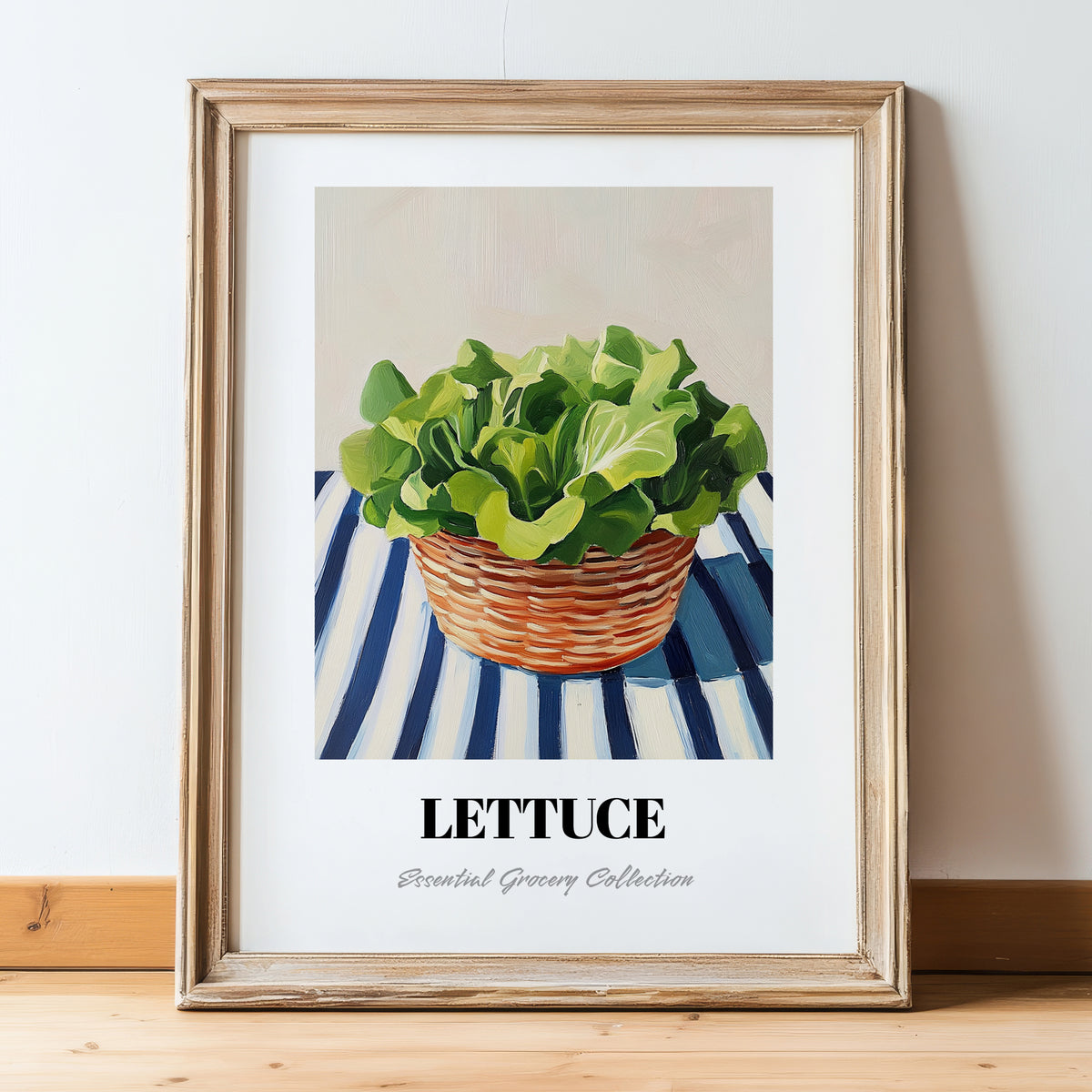 Lettuce – on Striped Tablecloth, Vegetable Wall Decor, in wooden frame leaning on the floor