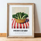 Swiss Chard – on Striped Tablecloth, Vegetable Painting, in wooden frame leaning on the floor
