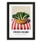 Swiss Chard – on Striped Tablecloth, Vegetable Painting, in sleek black frame