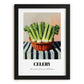 Celery – on Striped Tablecloth, Vegetable Wall Decor, in sleek black frame
