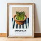 Asparagus – on Striped Tablecloth, Vegetable Painting, in wooden frame leaning on the floor
