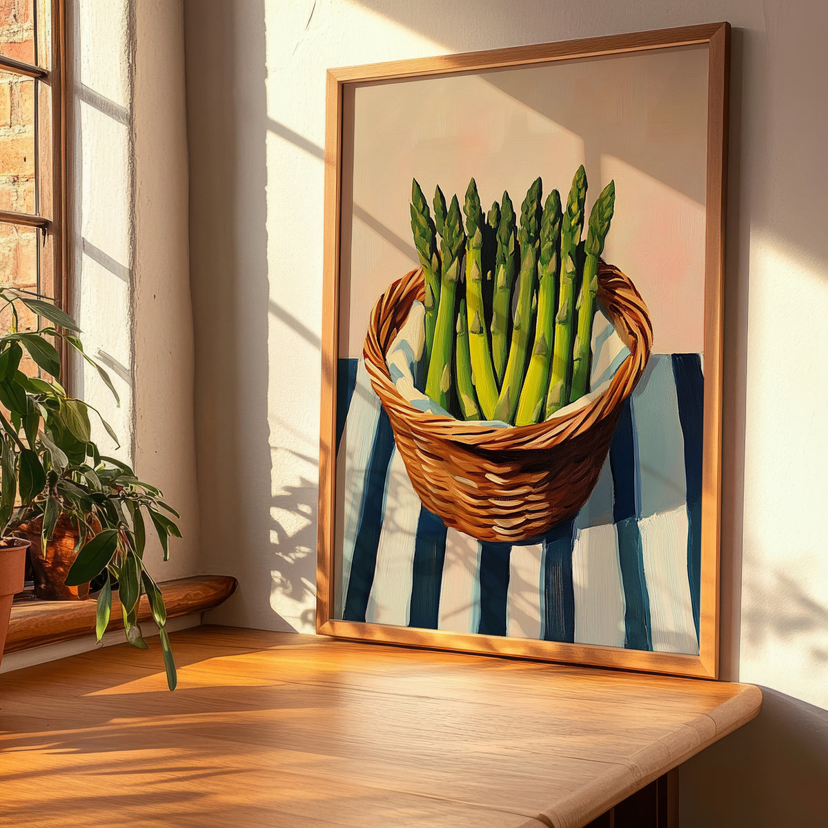 Asparagus – on Striped Tablecloth, Vegetable Painting, clean layout with no caption