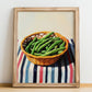 Green Beans – on Striped Tablecloth, Vegetable Illustration, no-text version framed in wood