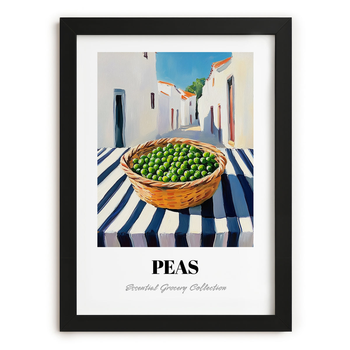 Peas – White village Outdoor Café Scene, Vegetable Print, in sleek black frame