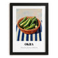 Okra – on Striped Tablecloth, Vegetable Print, in sleek black frame