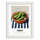 Okra – on Striped Tablecloth, Vegetable Print, placed in minimal white frame