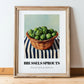 Brussels Sprouts – on Striped Tablecloth, Vegetable Poster, in wooden frame leaning on the floor