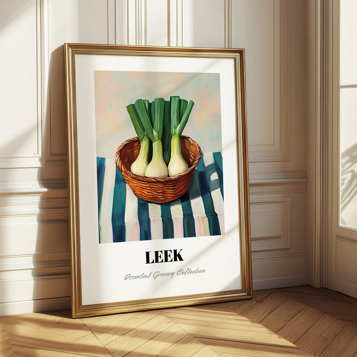 Leek – on Striped Tablecloth, Vegetable Illustration