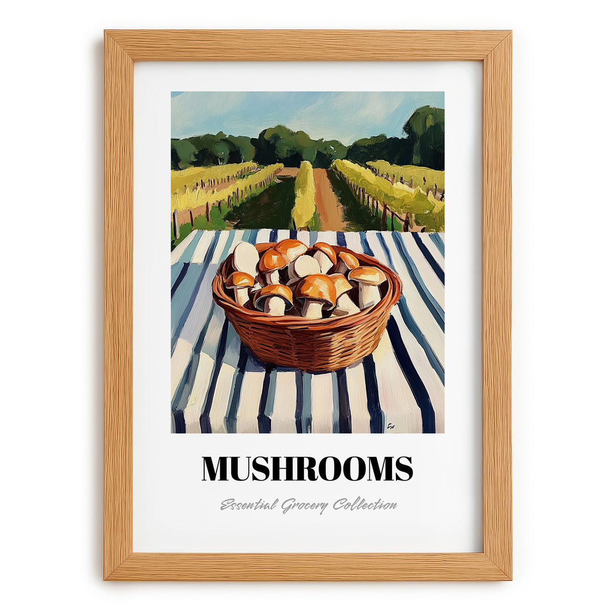 Mushrooms – Green Valley Landscape, Vegetable Painting, set in oak frame