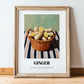 Ginger – on Striped Tablecloth, Vegetable Wall Illustration, in wooden frame leaning on the floor