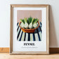 Fennel – on Striped Tablecloth, Vegetable Print, in wooden frame leaning on the floor