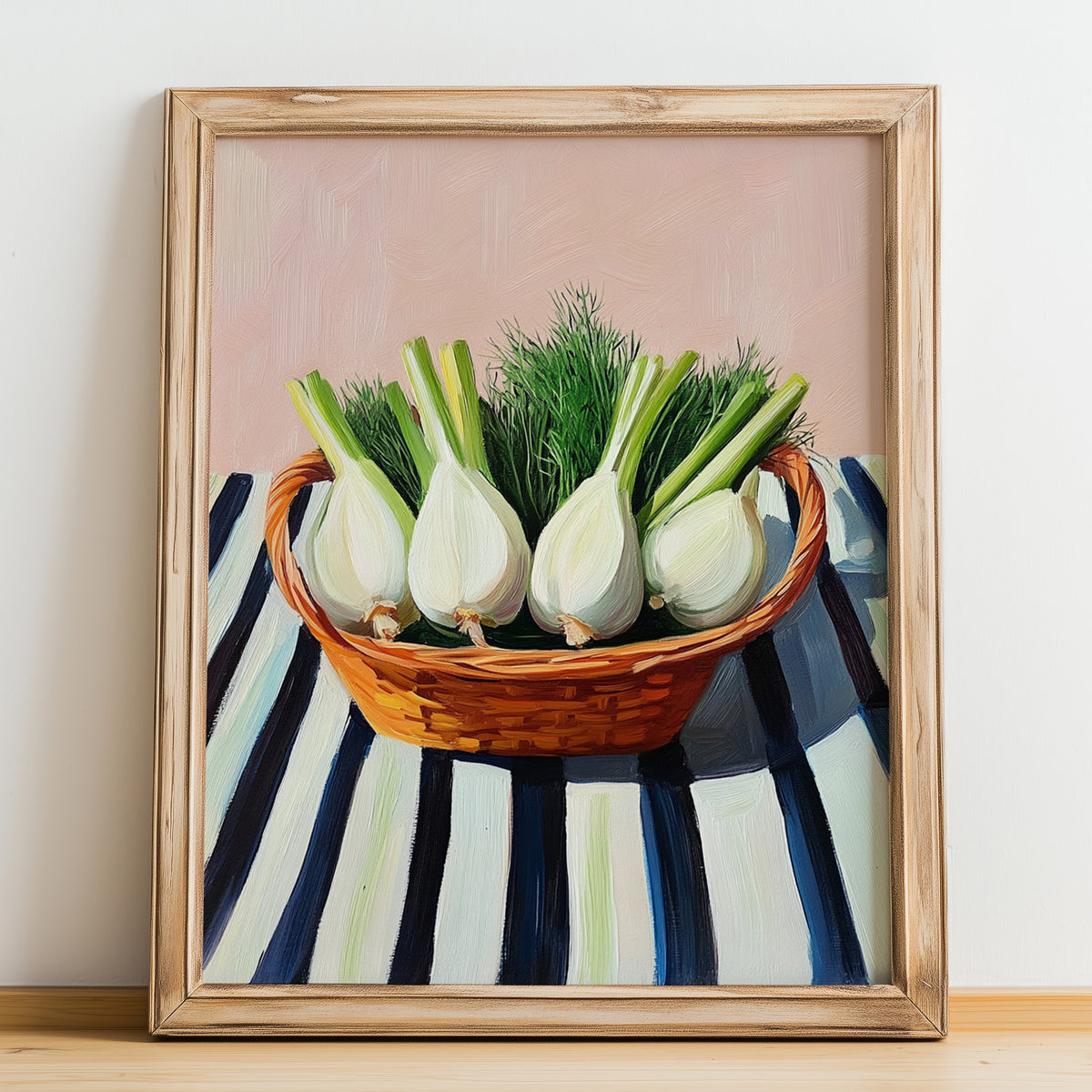 Fennel – on Striped Tablecloth, Vegetable Print, no-text version framed in wood