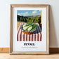 Fennel – Valley Café Scene, Vegetable Painting, in wooden frame leaning on the floor