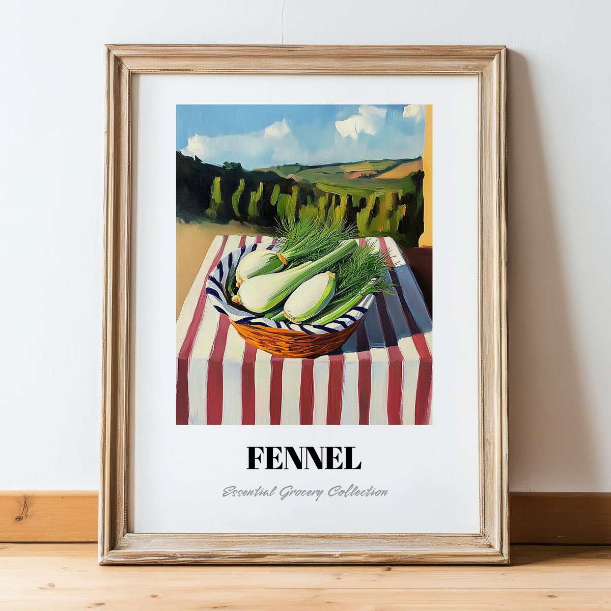 Fennel – Valley Café Scene, Vegetable Painting, in wooden frame leaning on the floor