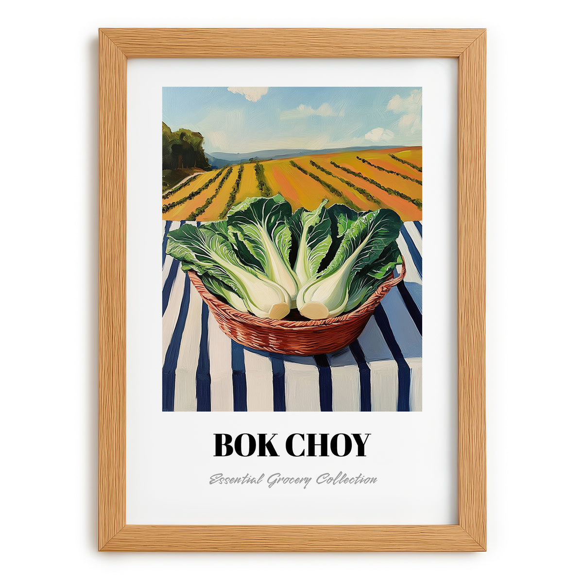Bok Choy – Green Valley Landscape, Vegetable Illustration, set in oak frame