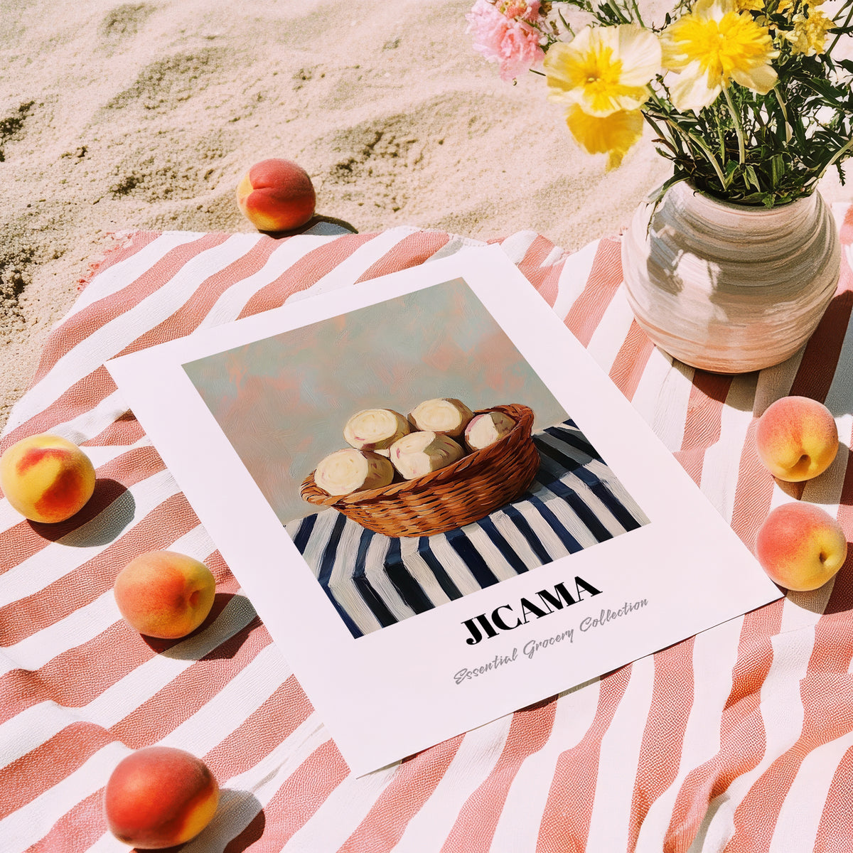 Jicama – on Striped Tablecloth, Vegetable Wall Art, unframed on coastal sand